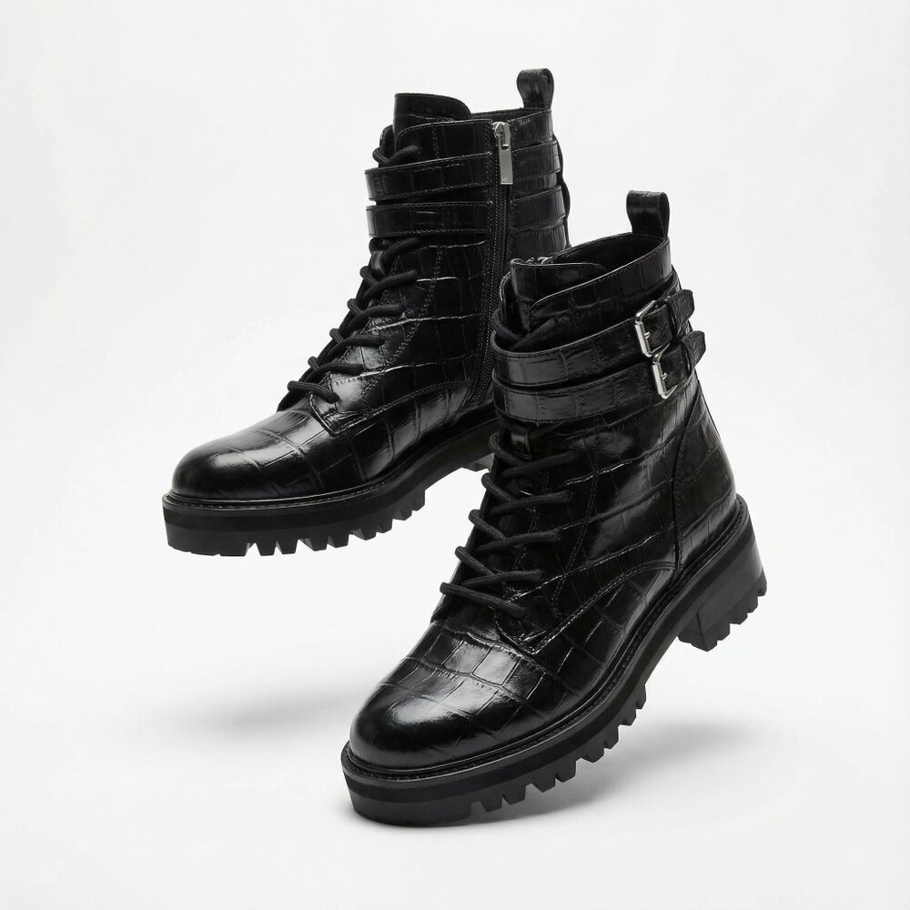 Marc Fisher LTD Barren 2 Black Leather Croc Biker Combat Boot